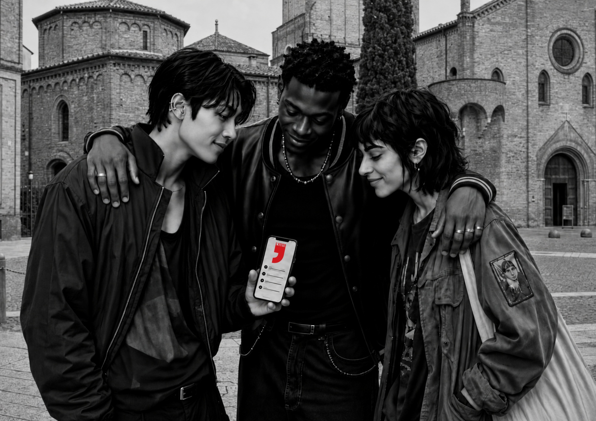 Tre amici guardano insieme lo schermo di un telefono, in piazza a Bologna